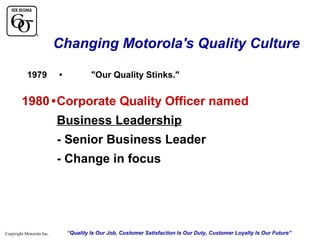 Changing Motorola's Quality Culture
1979

•

"Our Quality Stinks."

1980 •Corporate Quality Officer named
Business Leadership
- Senior Business Leader
- Change in focus

Copyright Motorola Inc.

“Quality Is Our Job, Customer Satisfaction Is Our Duty, Customer Loyalty Is Our Future”

 