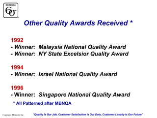 Other Quality Awards Received *
1992
- Winner: Malaysia National Quality Award
- Winner: NY State Excelsior Quality Award
1994
- Winner: Israel National Quality Award
1996
- Winner: Singapore National Quality Award
* All Patterned after MBNQA
Copyright Motorola Inc.

“Quality Is Our Job, Customer Satisfaction Is Our Duty, Customer Loyalty Is Our Future”

 