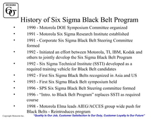 History of Six Sigma Black Belt Program
•
•
•
•
•
•
•
•
•
•
Copyright Motorola Inc.

1990 - Motorola DOE Symposium Committee organized
1991 - Motorola Six Sigma Research Institute established
1991 - Corporate Six Sigma Black Belt Steering Committee
formed
1992 - Initiated an effort between Motorola, TI, IBM, Kodak and
others to jointly develop the Six Sigma Black Belt Program
1992 - Six Sigma Technical Institute (SSTI) developed as a
required training vehicle for Black Belt candidates
1992 - First Six Sigma Black Belts recognized in Asia and US
1993 - First Six Sigma Black Belt symposium held
1996 - SPS Six Sigma Black Belt Steering committee formed
1996 - “Intro. to Black Belt Program” replaces SSTI as required
course
1998 - Motorola Elma leads AIEG/ACCES group wide push for
Black Belts - Reintroduces program
“Quality Is Our Job, Customer Satisfaction Is Our Duty, Customer Loyalty Is Our Future”

 