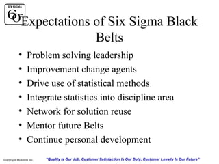 Expectations of Six Sigma Black
Belts
•
•
•
•
•
•
•

Problem solving leadership
Improvement change agents
Drive use of statistical methods
Integrate statistics into discipline area
Network for solution reuse
Mentor future Belts
Continue personal development

Copyright Motorola Inc.

“Quality Is Our Job, Customer Satisfaction Is Our Duty, Customer Loyalty Is Our Future”

 
