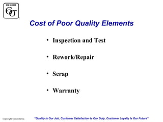 Cost of Poor Quality Elements
• Inspection and Test
• Rework/Repair
• Scrap
• Warranty

Copyright Motorola Inc.

“Quality Is Our Job, Customer Satisfaction Is Our Duty, Customer Loyalty Is Our Future”

 