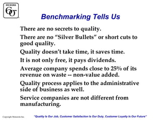 Benchmarking Tells Us
There are no secrets to quality.
There are no “Silver Bullets” or short cuts to
good quality.
Quality doesn’t take time, it saves time.
It is not only free, it pays dividends.
Average company spends close to 25% of its
revenue on waste -- non-value added.
Quality process applies to the administrative
side of business as well.
Service companies are not different from
manufacturing.
Copyright Motorola Inc.

“Quality Is Our Job, Customer Satisfaction Is Our Duty, Customer Loyalty Is Our Future”

 