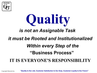 Quality
is not an Assignable Task
it must be Rooted and Institutionalized
Within every Step of the
“Business Process”
IT IS EVERYONE'S RESPONSIBILITY
Copyright Motorola Inc.

“Quality Is Our Job, Customer Satisfaction Is Our Duty, Customer Loyalty Is Our Future”

 