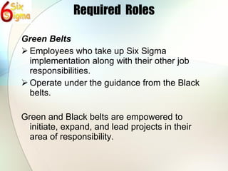Required  Roles Green Belts Employees who take up Six Sigma implementation along with their other job responsibilities. Operate under the guidance from the Black belts. Green and Black belts are empowered to initiate, expand, and lead projects in their area of responsibility. 