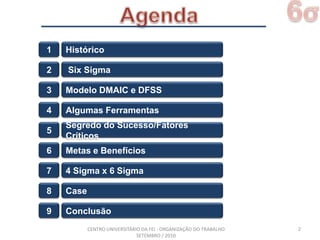 6σAgenda21Histórico2Six Sigma3Modelo DMAIC e DFSS4Algumas Ferramentas5Segredo do Sucesso/Fatores Críticos6Metas e Benefícios4 Sigma x 6 Sigma7Case8Conclusão9CENTRO UNIVERSITÁRIO DA FEI - ORGANIZAÇÃO DO TRABALHO SETEMBRO / 2010