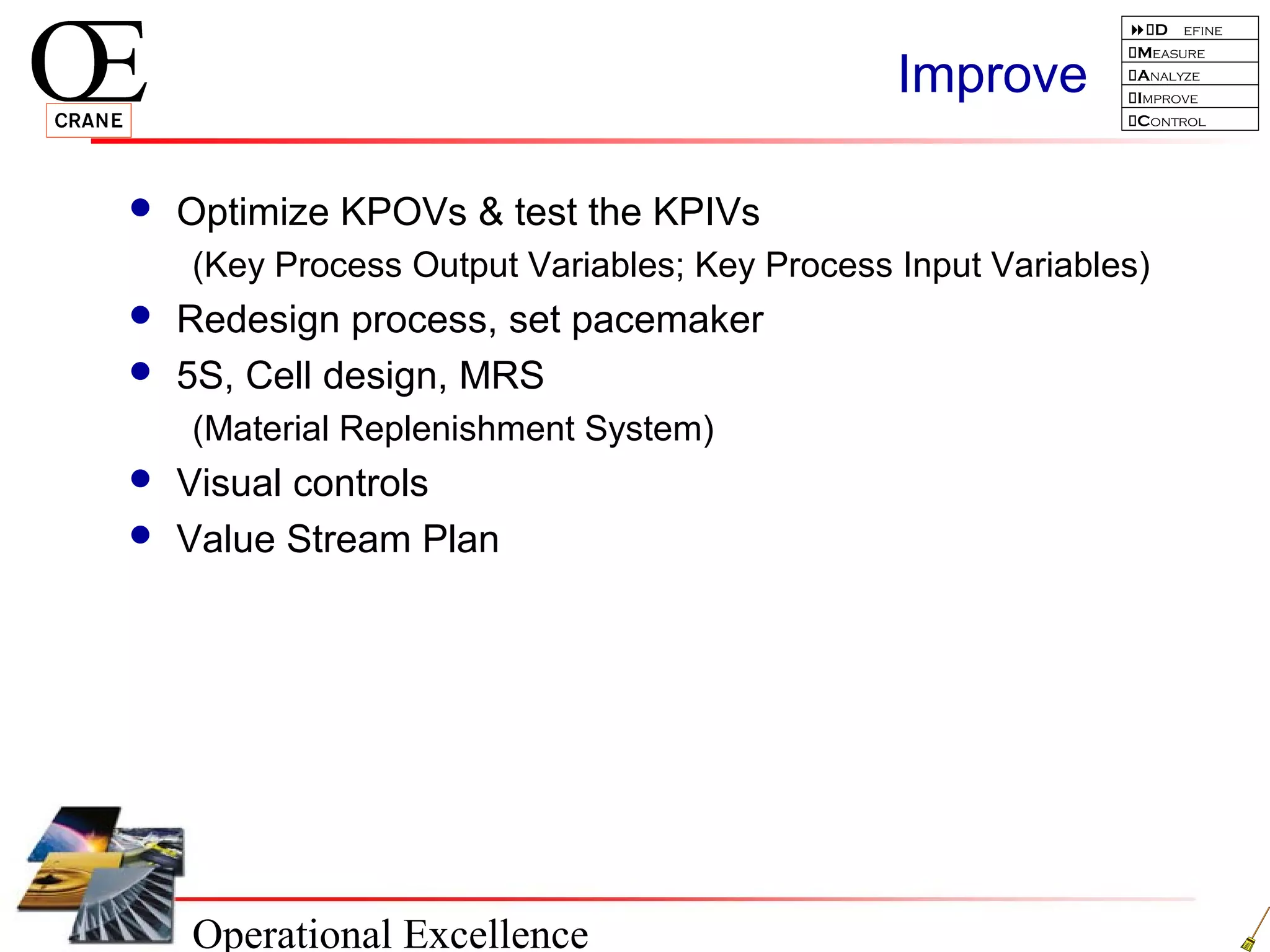 Operational Excellence
D efine
Measure
Analyze
Improve
Control
Improve
 Optimize KPOVs & test the KPIVs
(Key Process Output Variables; Key Process Input Variables)
 Redesign process, set pacemaker
 5S, Cell design, MRS
(Material Replenishment System)
 Visual controls
 Value Stream Plan
 