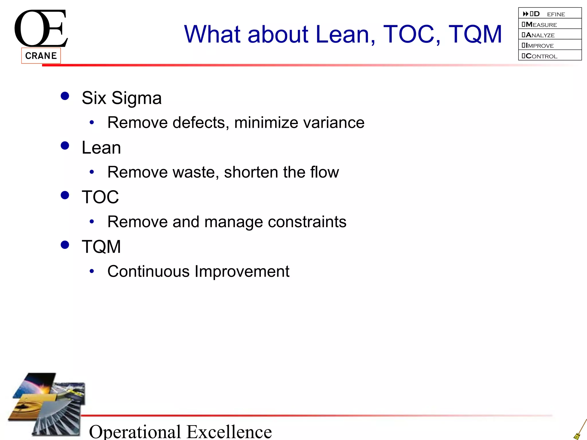 Operational Excellence
D efine
Measure
Analyze
Improve
Control
What about Lean, TOC, TQM
 Six Sigma
• Remove defects, minimize variance
 Lean
• Remove waste, shorten the flow
 TOC
• Remove and manage constraints
 TQM
• Continuous Improvement
 