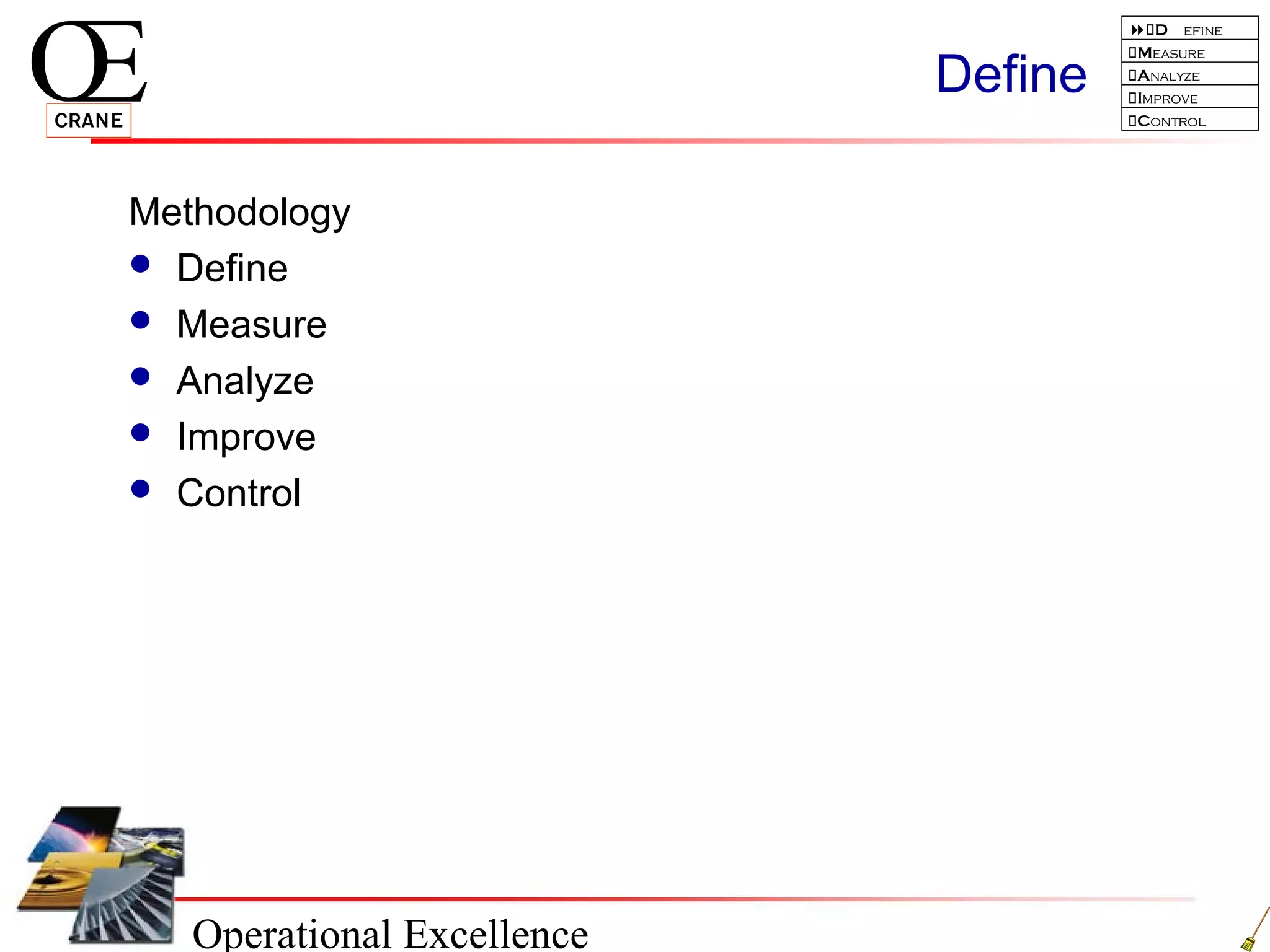 Operational Excellence
D efine
Measure
Analyze
Improve
Control
Define
Methodology
 Define
 Measure
 Analyze
 Improve
 Control
 