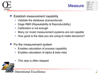 Operational Excellence
D efine
Measure
Analyze
Improve
Control
Measure
 Establish measurement capability
• Validate the database (transactional)
• Gage R&R (Repeatability & Reproducibility)
• Calibration is not enough
• Many (or most) measurement systems are not capable
• How good is the data you are using to make decisions?
 Fix the measurement system
• Enables calculation of process capability
• Enables calculation of alpha & beta risks
• This step is often skipped
 