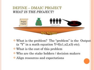 DEFINE – DMAIC PROJECT WHAT IS THE PROJECT? What is the problem?  The “problem” is the  Output (a “Y” in a math equation Y=f(x1,x2,x3) etc). What is the cost of this problem Who are the stake holders / decision makers Align resources and expectations Project Charter Voice of the Stakeholder Six Sigma $ Cost of  Poor  Quality 