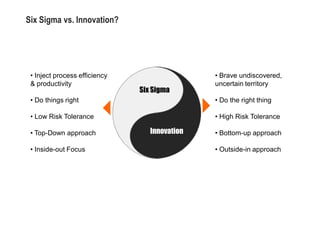 Six Sigma vs. Innovation?




 • Inject process efficiency                   • Brave undiscovered,
 & productivity                                uncertain territory
                               Six Sigma
 • Do things right                             • Do the right thing

 • Low Risk Tolerance                          • High Risk Tolerance

 • Top-Down approach              Innovation   • Bottom-up approach

 • Inside-out Focus                            • Outside-in approach
 