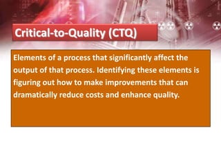 Critical-to-Quality (CTQ)
Elements of a process that significantly affect the
output of that process. Identifying these elements is
figuring out how to make improvements that can
dramatically reduce costs and enhance quality.
 