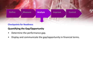 Define Measure Analyze Improve Control
Checkpoints for Readiness
Quantifying the Gap/Opportunity
• Determine the performance gap.
• Display and communicate the gap/opportunity in financial terms.
 