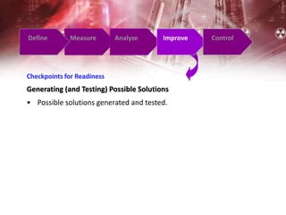 Define Measure Analyze Improve Control
Checkpoints for Readiness
Generating (and Testing) Possible Solutions
• Possible solutions generated and tested.
 