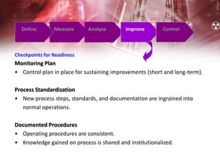 Define Measure Analyze Improve Control
Checkpoints for Readiness
Monitoring Plan
• Control plan in place for sustaining improvements (short and long-term).
Process Standardization
• New process steps, standards, and documentation are ingrained into
normal operations.
Documented Procedures
• Operating procedures are consistent.
• Knowledge gained on process is shared and institutionalized.
 