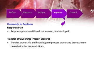 Define Measure Analyze Improve Control
Checkpoints for Readiness
Response Plan
• Response plans established, understood, and deployed.
Transfer of Ownership (Project Closure)
• Transfer ownership and knowledge to process owner and process team
tasked with the responsibilities.
 