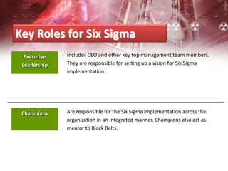 Champions Are responsible for the Six Sigma implementation across the
organization in an integrated manner. Champions also act as
mentor to Black Belts.
Includes CEO and other key top management team members.
They are responsible for setting up a vision for Six Sigma
implementation.
Key Roles for Six Sigma
Executive
Leadership
 