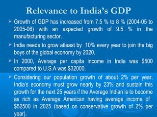 Relevance to India’s GDP






Growth of GDP has increased from 7.5 % to 8 % (2004-05 to
2005-06) with an expected growth of 9.5 % in the
manufacturing sector.
India needs to grow atleast by 10% every year to join the big
boys of the global economy by 2020.
In 2000, Average per capita income in India was $500
compared to U.S.A was $32000.
Considering our population growth of about 2% per year,
India’s economy must grow nearly by 23% and sustain this
growth for the next 25 years if the Average Indian is to become
as rich as Average American having average income of
$52500 in 2025 (based on conservative growth of 2% per
year).

 
