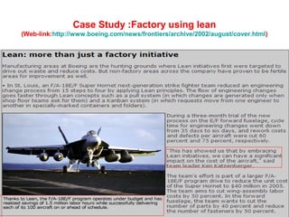 Case Study :Factory using lean
(Web-link:http://www.boeing.com/news/frontiers/archive/2002/august/cover.html)

`

 