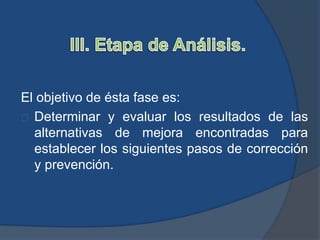 El objetivo de ésta fase es:
Determinar y evaluar los resultados de las
alternativas de mejora encontradas para
establecer los siguientes pasos de corrección
y prevención.
 