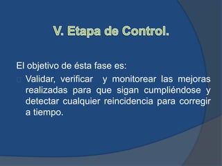 El objetivo de ésta fase es:
Validar, verificar y monitorear las mejoras
realizadas para que sigan cumpliéndose y
detectar cualquier reincidencia para corregir
a tiempo.
 