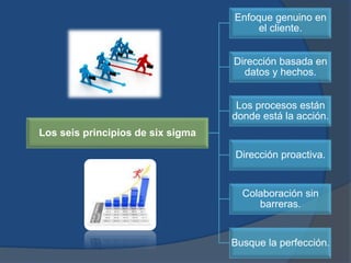 Los seis principios de six sigma
Enfoque genuino en
el cliente.
Dirección basada en
datos y hechos.
Los procesos están
donde está la acción.
Dirección proactiva.
Colaboración sin
barreras.
Busque la perfección.
 
