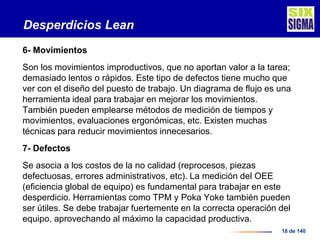 18 de 140
Desperdicios Lean
6- Movimientos
Son los movimientos improductivos, que no aportan valor a la tarea;
demasiado lentos o rápidos. Este tipo de defectos tiene mucho que
ver con el diseño del puesto de trabajo. Un diagrama de flujo es una
herramienta ideal para trabajar en mejorar los movimientos.
También pueden emplearse métodos de medición de tiempos y
movimientos, evaluaciones ergonómicas, etc. Existen muchas
técnicas para reducir movimientos innecesarios.
7- Defectos
Se asocia a los costos de la no calidad (reprocesos, piezas
defectuosas, errores administrativos, etc). La medición del OEE
(eficiencia global de equipo) es fundamental para trabajar en este
desperdicio. Herramientas como TPM y Poka Yoke también pueden
ser útiles. Se debe trabajar fuertemente en la correcta operación del
equipo, aprovechando al máximo la capacidad productiva.
 