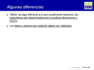 35 de 140
Algunas diferencias
 “Medir” es algo diferente a lo que usualmente hacemos: los
indicadores son determinados por el análisis del proceso y
CTQ’s.
 Los datos y sistema de medición deben ser validados.
 