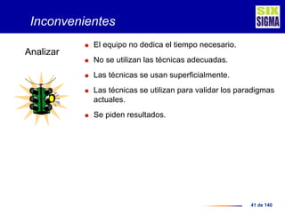 41 de 140
 El equipo no dedica el tiempo necesario.
 No se utilizan las técnicas adecuadas.
 Las técnicas se usan superficialmente.
 Las técnicas se utilizan para validar los paradigmas
actuales.
 Se piden resultados.
Inconvenientes
Analizar
 