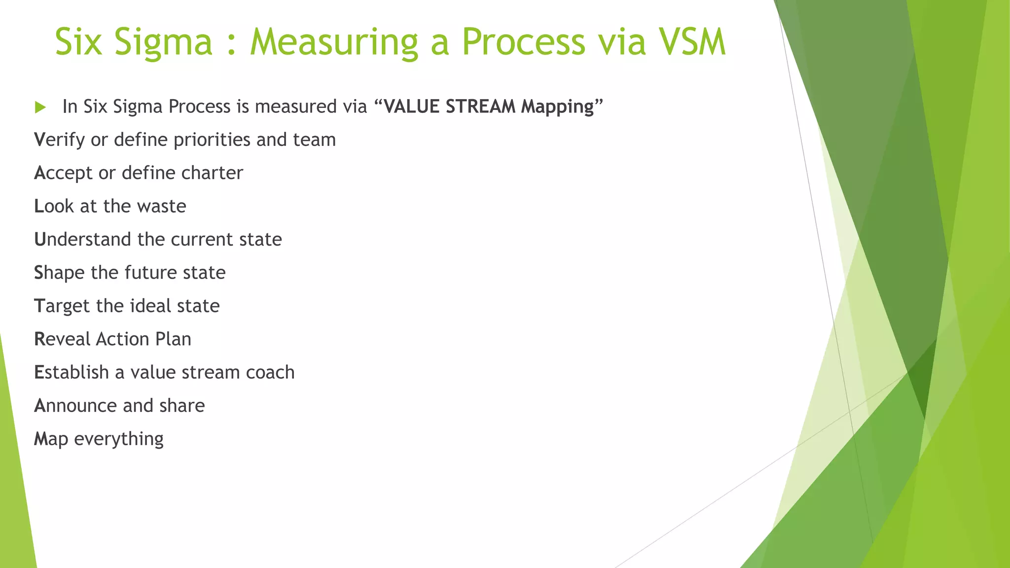Six Sigma : Measuring a Process via VSM
 In Six Sigma Process is measured via “VALUE STREAM Mapping”
Verify or define priorities and team
Accept or define charter
Look at the waste
Understand the current state
Shape the future state
Target the ideal state
Reveal Action Plan
Establish a value stream coach
Announce and share
Map everything
 