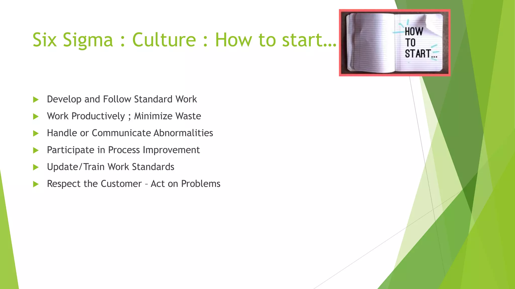 Six Sigma : Culture : How to start….
 Develop and Follow Standard Work
 Work Productively ; Minimize Waste
 Handle or Communicate Abnormalities
 Participate in Process Improvement
 Update/Train Work Standards
 Respect the Customer – Act on Problems
 