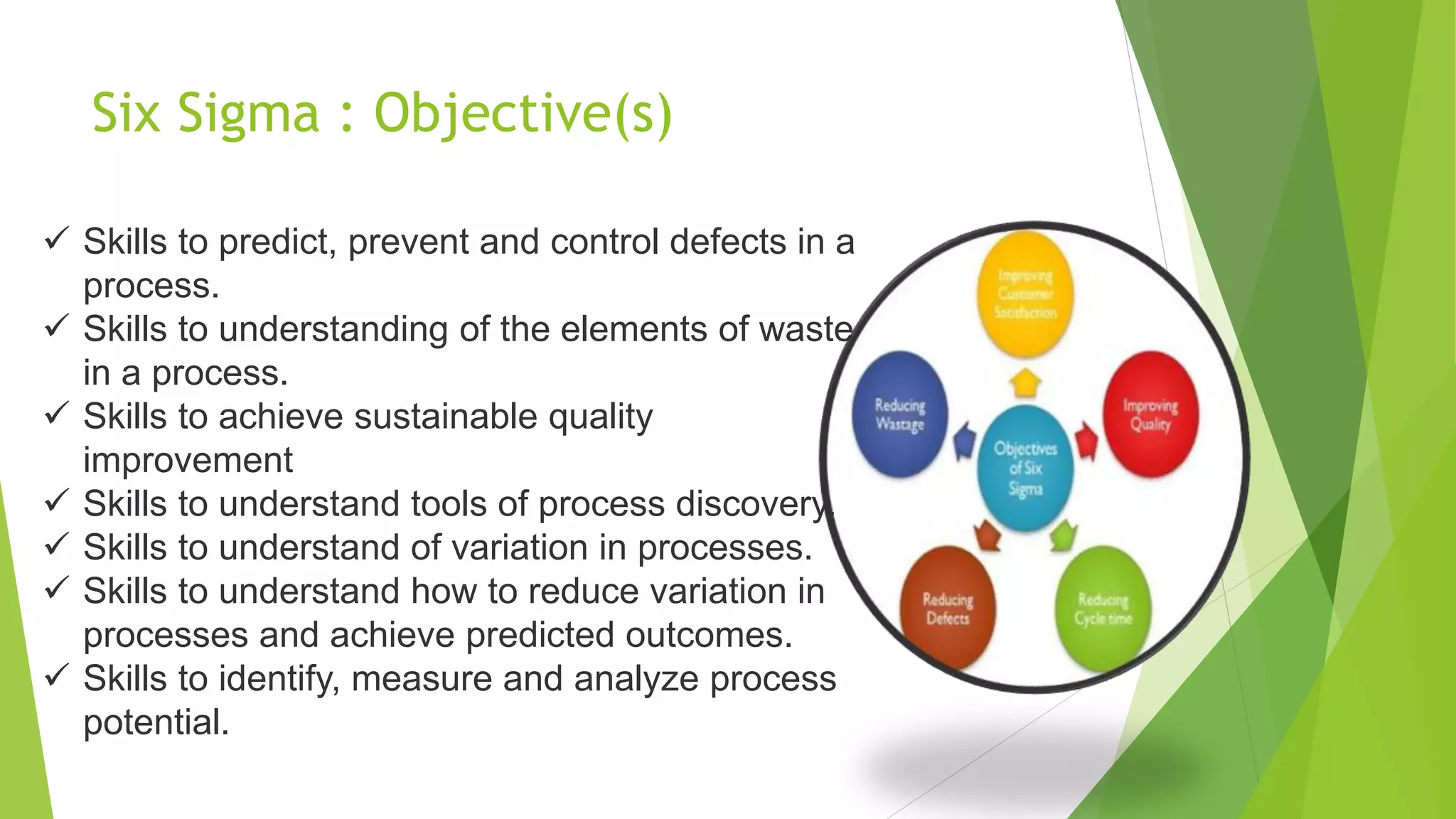 Six Sigma : Objective(s)
 Skills to predict, prevent and control defects in a
process.
 Skills to understanding of the elements of waste
in a process.
 Skills to achieve sustainable quality
improvement
 Skills to understand tools of process discovery.
 Skills to understand of variation in processes.
 Skills to understand how to reduce variation in
processes and achieve predicted outcomes.
 Skills to identify, measure and analyze process
potential.
 