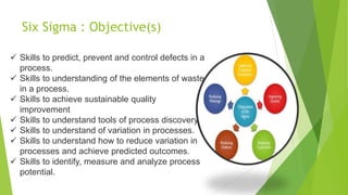 Six Sigma : Objective(s)
 Skills to predict, prevent and control defects in a
process.
 Skills to understanding of the elements of waste
in a process.
 Skills to achieve sustainable quality
improvement
 Skills to understand tools of process discovery.
 Skills to understand of variation in processes.
 Skills to understand how to reduce variation in
processes and achieve predicted outcomes.
 Skills to identify, measure and analyze process
potential.
 