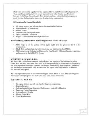 12
MBB’s are responsible, together, for the success of the overall Division’s Six Sigma effort.
They coordinate and lead activity on key cross-division value streams (e.g. Customer
Service, Cycle Time, Research, etc). They also ensure that a culture that values openness,
creativity and challenging the status quo develops in the organization.
Deliverables of a Master Black Belt:
• Six sigma strategy and roll-out plan in the organization/function
• Manage Project of the function
• Mentor Teams
• Achieve Lean Six Sigma Results
• Cross-Functional Leadership
• Project Execution and Removing Roadblocks
Benefits of being a Master Black Belt for Organization and for self-career:
• MBB helps to set the culture of Six Sigma right from the grass-root level in the
organization.
• Black Belts are benefited due to the mentoring and statistical skills of MBB.
• MBB can grow up the ladder and become the Chief Quality Officer as he gains experience
and expertise in the field of Six Sigma.
SIX SIGMAS BLACK BELT (BB):
Six Sigma BB’s are full-time/part time project leaders and mentors of the business, including
Green Belts and other associates. They have tactical responsibility for executing specific projects
and ensuring that the results are captured, the changes are owned by the Champions (Sponsors),
and the changes are sustained. They will also lead Six Sigma knowledge transfer to both full-
and part-time participants.
BB’s are expected to create an environment of open, honest debate of facts. They challenge the
status quo where appropriate and share (and seek) ideas across boundaries.
Deliverables of a Black Belt:
• Six sigma strategy and roll-out plan for the given process/area
• Execute Projects
• Help and guide Project Resources/ Help remove project level Barriers
• Team and Project Structuring
• 6 sigma Project Results
• Mentor Green Belts
• Share Best Practices
 