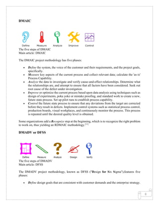6
DMAIC
The five steps of DMAIC
Main article: DMAIC
The DMAIC project methodology has five phases:
• Define the system, the voice of the customer and their requirements, and the project goals,
specifically.
• Measure key aspects of the current process and collect relevant data; calculate the 'as-is'
Process Capability.
• Analyze the data to investigate and verify cause-and-effect relationships. Determine what
the relationships are, and attempt to ensure that all factors have been considered. Seek out
root cause of the defect under investigation.
• Improve or optimize the current process based upon data analysis using techniques such as
design of experiments, poka yoke or mistake proofing, and standard work to create a new,
future state process. Set up pilot runs to establish process capability.
• Control the future state process to ensure that any deviations from the target are corrected
before they result in defects. Implement control systems such as statistical process control,
production boards, visual workplaces, and continuously monitor the process. This process
is repeated until the desired quality level is obtained.
Some organizations add a Recognize step at the beginning, which is to recognize the right problem
to work on, thus yielding an RDMAIC methodology.[11]
DMADV or DFSS
The five steps of DMADV
Main article: DFSS
The DMADV project methodology, known as DFSS ("Design for Six Sigma"),features five
phases:
• Define design goals that are consistent with customer demands and the enterprise strategy.
 