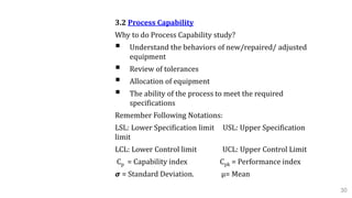 3.2 Process Capability
Why to do Process Capability study?
 Understand the behaviors of new/repaired/ adjusted
equipment
 Review of tolerances
 Allocation of equipment
 The ability of the process to meet the required
specifications
Remember Following Notations:
LSL: Lower Specification limit USL: Upper Specification
limit
LCL: Lower Control limit UCL: Upper Control Limit
Cp = Capability index Cpk = Performance index
𝞼 = Standard Deviation. µ= Mean
30
 