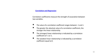 3.3 Correlation and Regression
Correlation
Correlation coefficients measure the strength of association between
two variables.
 The value of a correlation coefficient ranges between -1 and 1.
 The greater the absolute value of a correlation coefficient, the
stronger the linear relationship.
 The strongest linear relationship is indicated by a correlation
coefficient of -1 or 1.
 The weakest linear relationship is indicated by a correlation
coefficient equal to 0.
32
 