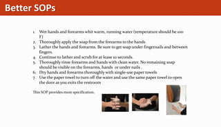 Better SOPs
1. Wet hands and forearms whit warm, running water (temperature should be 100
F)
2. Thoroughly apply the soap from the forearms to the hands
3. Lather the hands and forearms. Be sure to get soap under fingernails and between
fingers.
4. Continue to lather and scrub for at lease 10 seconds.
5. Thoroughly rinse forearms and hands with clean water. No remaining soap
should be visible on the forearms, hands or under nails .
6. Dry hands and forearms thoroughly with single-use paper towels
7. Use the paper towel to turn off the water and use the same paper towel to open
the door as you exits the restroom
This SOP provides more specification.
 