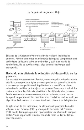 La guía Lean Six Sigma para hacer más con menos
24
El Mapa de la Cadena de Valor describe la realidad, incluidos los
defectos. Permite que todos los miembros del equipo comprendan qué
actividades se llevan a cabo, en qué orden y cuál es su grado de
rendimiento. No se puede arreglar algo que no se sabe que está
estropeado.
Haciendo más eficiente la reducción del desperdicio en los
procesos
Los procesos lentos son caros. Además, como se explica más adelante en
este libro, unos procesos ágiles y veloces pueden dar paso directamente
a una ventaja competitiva real. Aquí tratamos la cuestión de cómo
minimizar la cantidad de trabajo en un proceso. Esto ayuda a reducir los
costes al mejorar la eficiencia y facilitar la flexibilidad en los procesos.
Contar con menos elementos en un proceso se traduce en un menor
tiempo de respuesta ante los cambios en las condiciones del mercado, en
el perfil de la demanda, en las necesidades del cliente o en la legislación.
La aplicación de dos indicadores de eficiencia de procesos, llamados
«Eficiencia del Proceso» (PCE) y «Tiempo de Ejecución del Proceso»
(PLT), puede dar lugar a grandes oportunidades de ahorro de tiempo y
costes. Y una importante relación, conocida como «la Ley de Little»,
conecta ambos.
Almacenamiento
Almacenamiento
Demanda
Disponibilidad de tiempo
1
49
1440
40
40
# de operaciones
Demanda
Escombro
Tiempo disponible
Ciclo
Tiempo VA
0.5
49
1
1350
33
24
6 6 6
18
6
6 6
6
6 6
0.5
49
0
1350
275
240
0.5
49
1
1350
72
18
1
49
-
1350
84
0
# de operaciones
Demanda
Escombro
Tiempo disponible
Ciclo
Tiempo VA
# de operaciones
Demanda
Escombro
Tiempo disponible
Ciclo
Tiempo VA
# de operaciones
Demanda
Escombro
Tiempo disponible
Ciclo
Tiempo VA
Soldadura Inspección
Próximo proceso
Almacenamiento
intermediario eliminado;
el material va directamente
al próximo paso
El paso de limpieza se elimina
Kanban de 3 carritos de 6 piezas para reducir el WIP
El nuevo diseño de carritos reduce daños en tránsito
Los carritos reemplazan las carretillas elevadoras
para aumentar seguridad
Reducción de 45 % en instalación
de máquina soldadora
Paleta
Entrelazar
... y después de mejorar el flujo
 