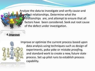 3.Analyze
Analyze the data to investigate and verify cause-and
effect relationships. Determine what the
relationships are, and attempt to ensure that all
factors have been considered. Seek out root cause
of the defect under investigation.
4.Improve
Improve or optimize the current process based upon
data analysis using techniques such as design of
experiments, poka yoke or mistake proofing,
and standard work to create a new, future state
process. Set up pilot runs to establish process
capability.
 