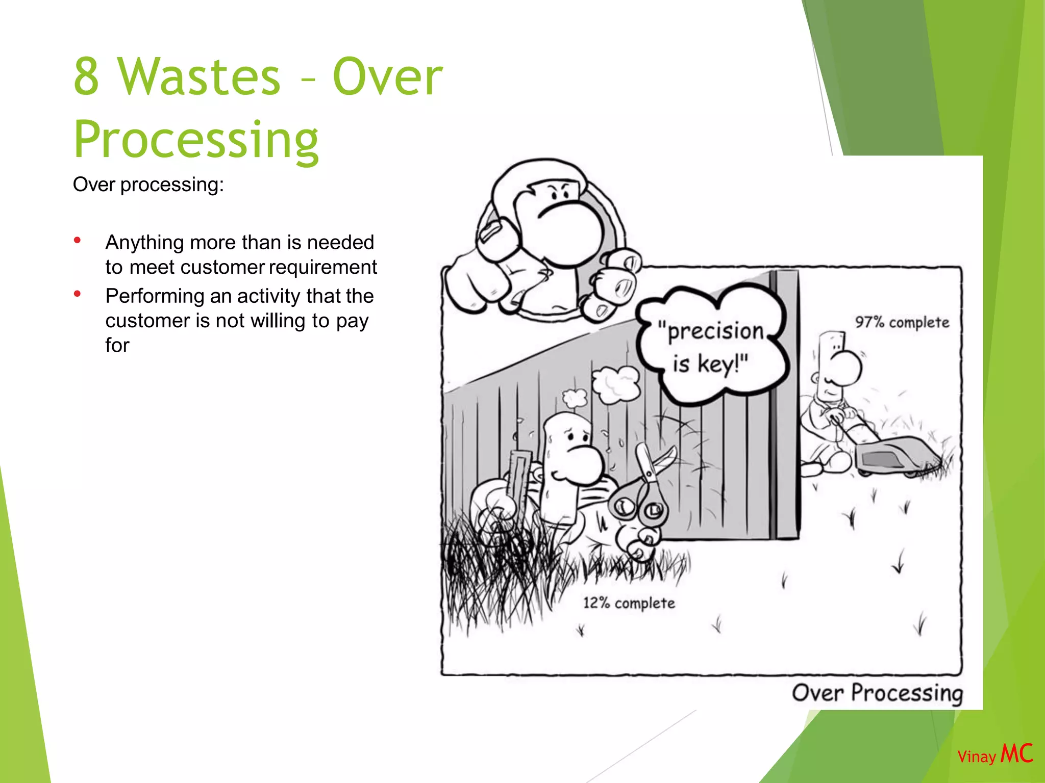 8 Wastes – Over
Processing
Over processing:
• Anything more than is needed
to meet customer requirement
• Performing an activity that the
customer is not willing to pay
for
Vinay MC
 