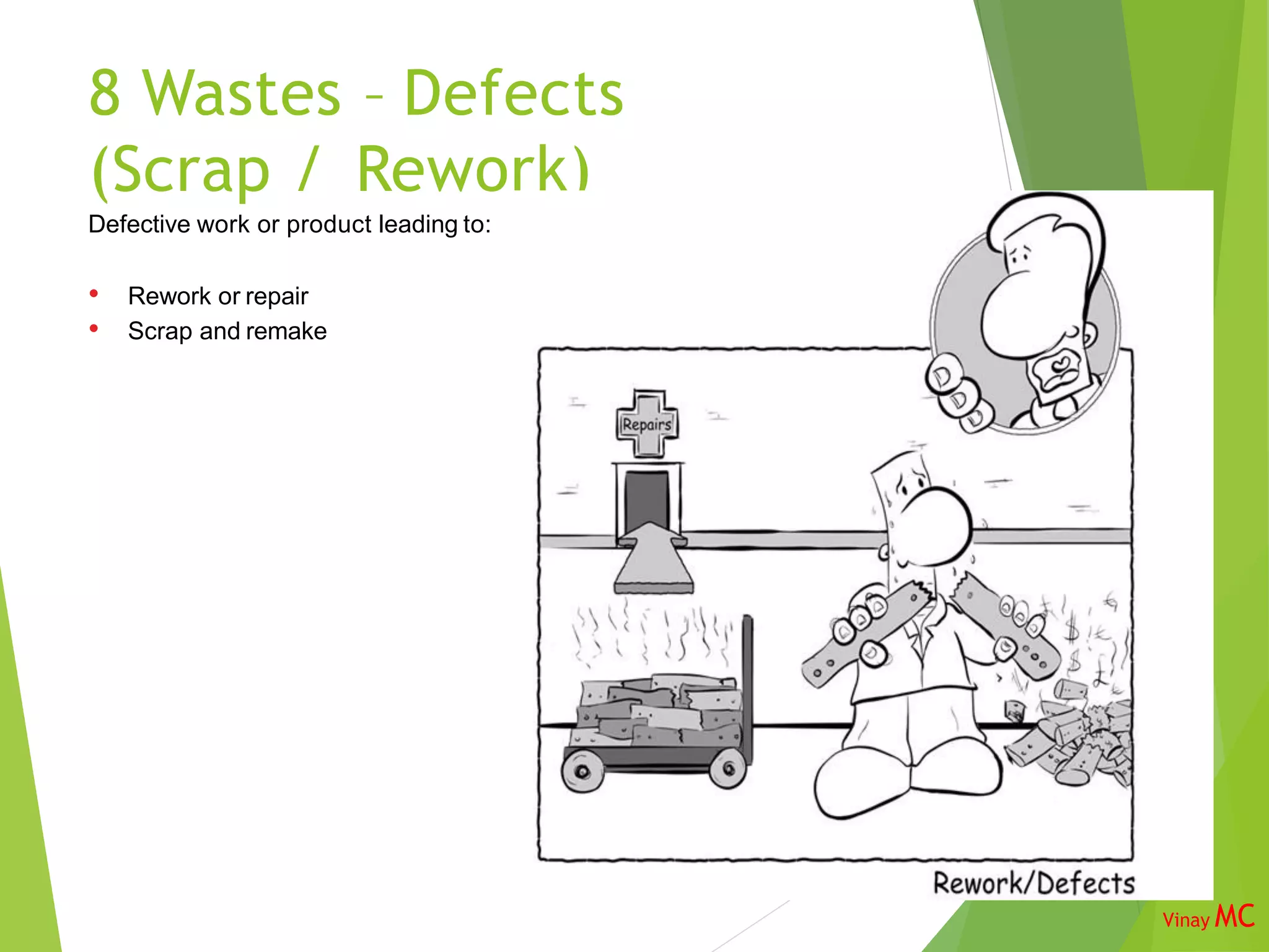 8 Wastes – Defects
(Scrap / Rework)
Defective work or product leading to:
• Rework or repair
• Scrap and remake
Vinay MC
 