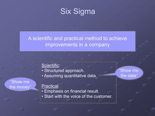 A scientific and practical method to achieve
improvements in a company
Scientific:
• Structured approach.
• Assuming quantitative data.
Practical:
• Emphasis on financial result.
• Start with the voice of the customer.
“Show me
the data”
”Show me
the money”
Six Sigma
 