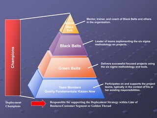 Master
Black
Belt
Black Belts
Green Belts
Team Members
Quality Fundamentals/ Kaizen Now
Champions
Mentor, trainer, and coach of Black Belts and others
in the organization.
Leader of teams implementing the six sigma
methodology on projects.
Delivers successful focused projects using
the six sigma methodology and tools.
Participates on and supports the project
teams, typically in the context of his or
her existing responsibilities.
Responsible for supporting the Deployment Strategy within Line of
Business/Customer Segment or Golden Thread
Deployment
Champions
 