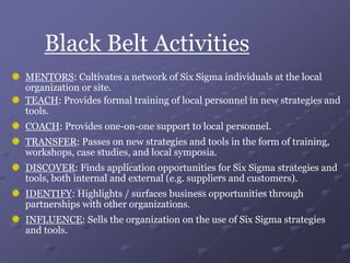 Black Belt Activities
MENTORS: Cultivates a network of Six Sigma individuals at the local
organization or site.
TEACH: Provides formal training of local personnel in new strategies and
tools.
COACH: Provides one-on-one support to local personnel.
TRANSFER: Passes on new strategies and tools in the form of training,
workshops, case studies, and local symposia.
DISCOVER: Finds application opportunities for Six Sigma strategies and
tools, both internal and external (e.g. suppliers and customers).
IDENTIFY: Highlights / surfaces business opportunities through
partnerships with other organizations.
INFLUENCE: Sells the organization on the use of Six Sigma strategies
and tools.
 