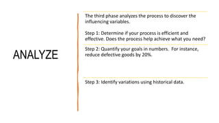 ANALYZE
The third phase analyzes the process to discover the
influencing variables.
Step 1: Determine if your process is efficient and
effective. Does the process help achieve what you need?
Step 2: Quantify your goals in numbers. For instance,
reduce defective goods by 20%.
Step 3: Identify variations using historical data.
 