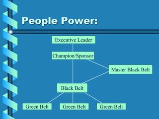 People Power:
Executive Leader
Champion/Sponsor
Master Black Belt
Black Belt
Green Belt Green Belt Green Belt
 