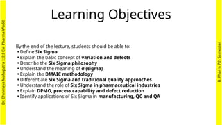 Learning Objectives
By the end of the lecture, students should be able to:
•Define Six Sigma
•Explain the basic concept of variation and defects
•Describe the Six Sigma philosophy
•Understand the meaning of σ (sigma)
•Explain the DMAIC methodology
•Differentiate Six Sigma and traditional quality approaches
•Understand the role of Six Sigma in pharmaceutical industries
•Explain DPMO, process capability and defect reduction
•Identify applications of Six Sigma in manufacturing, QC and QA
Dr.
Chinmaya
Mahapatra
I::I::I
CM
Pharma
World
B.
Pharm
7th
Semester
 
