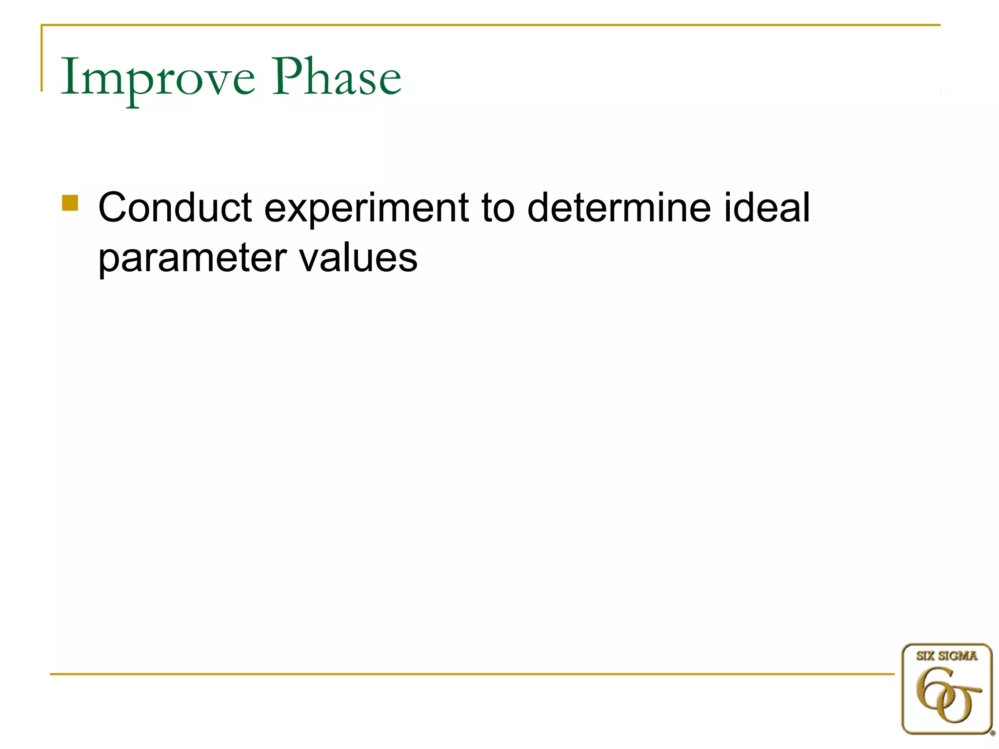 Improve Phase 
 Conduct experiment to determine ideal 
parameter values 
 