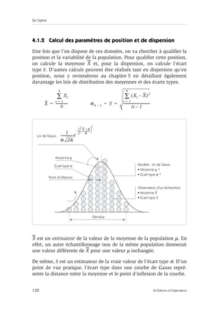 Six Sigma
132 © Éditions d’Organisation
4.1.2 Calcul des paramètres de position et de dispersion
Une fois que l’on dispose de ces données, on va chercher à qualifier la
position et la variabilité de la population. Pour qualifier cette position,
on calcule la moyenne X et, pour la dispersion, on calcule l’écart
type S. D’autres calculs peuvent être réalisés tant en dispersion qu’en
position, nous y reviendrons au chapitre 5 en détaillant également
davantage les lois de distribution des moyennes et des écarts types.
X est un estimateur de la valeur de la moyenne de la population µ. En
effet, un autre échantillonnage issu de la même population donnerait
une valeur différente de X pour une valeur µ inchangée.
De même, S est un estimateur de la vraie valeur de l’écart type σ. D’un
point de vue pratique, l’écart type dans une courbe de Gauss repré-
sente la distance entre la moyenne et le point d’inflexion de la courbe.
X
Xi
i 1
=
n
∑
n
--------------
= σn 1
– S
Xi X
–
( )2
i 1
=
n
∑
n 1
–
-------------------------------
-
= =
Loi de Gauss :
Modèle : loi de Gauss
• Moyenne µ ?
• Écart type σ ?
Observation d'un échantillon
• Moyenne X
• Écart type S
Étendue
Moyenne µ
Écart type σ
Point d'inflexion
1
σ 2π
--------------e
1
2
--
-
X µ
–
σ
------------
-
 
 
2
–
 